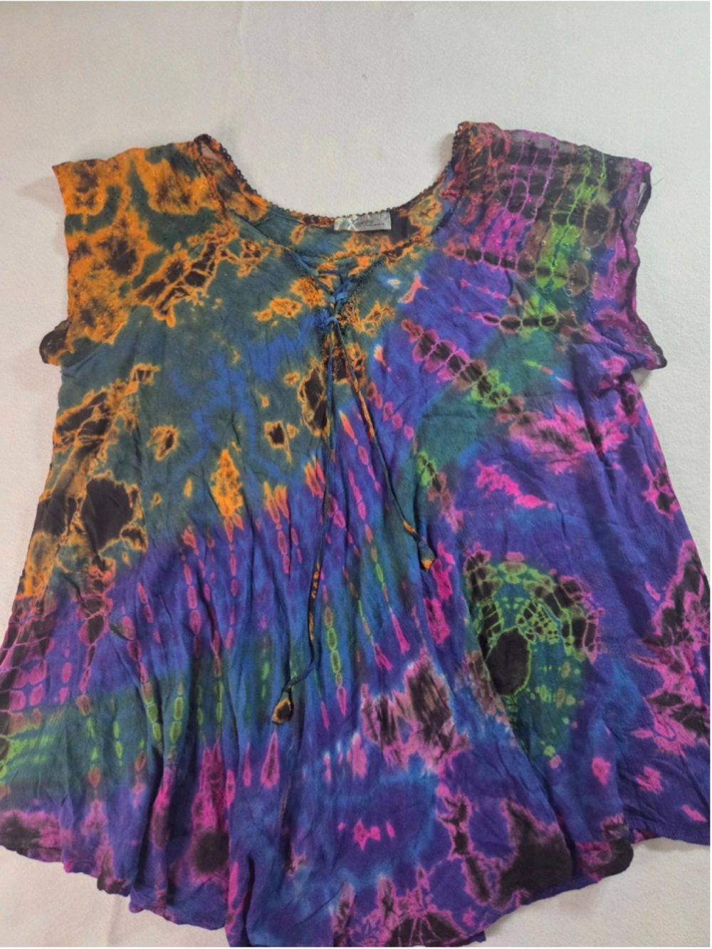 L'Pogee Tie-Dye Boho Top / Dress — Vibrant Blue & Orange, Size L, Made in India